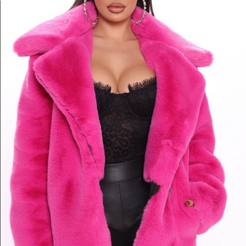Pink faux fur coat